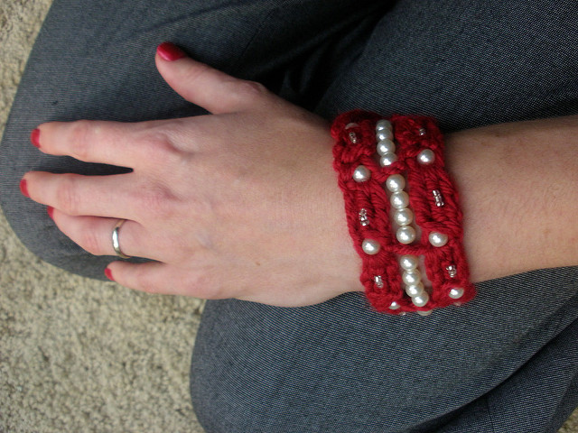 Crochet Blinged Beaded Bracelet, a free pattern by City Farm House Studio. Bernat Satin with beads.