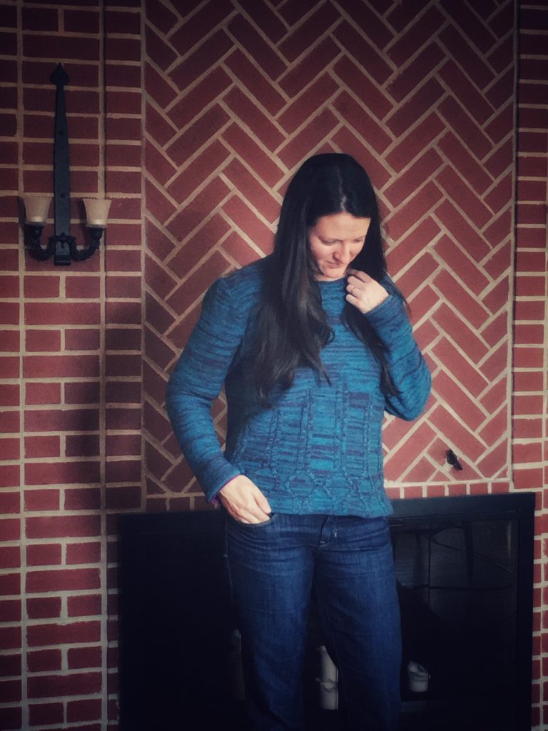 Free machine knitting pattern by City Farmhouse Studio. The Yamasaki Sweater inspired by architecture designed by Minoru Yamasaki. Made on a standard flat bed with ribber.